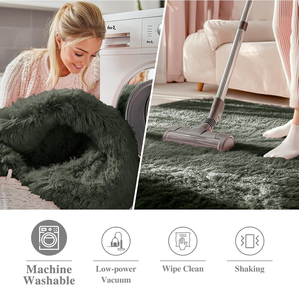 OLANLY Olive Green Round Rug - Soft, Fluffy Shag Area Rug, 6 ft Circle for Bedroom & Living Room Decor