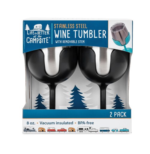 Camco Life is Better at The Campsite Wine Tumbler | Heavy Duty Double Wall Vacuum Insulation | Crafted of 18/8 Stainless Steel | Features Removable Black Stems | 2-Pk, 8-oz/Each (53485)