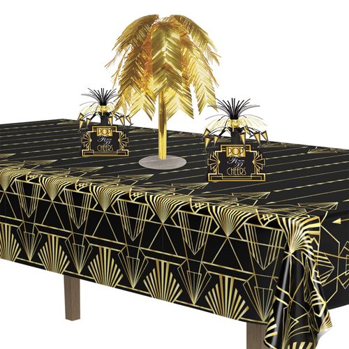 Beistle 2-Count Great 1920s Tablecover, Art Deco Decor & Table Decorations for Party, Hollywood Decor, Plastic Black & Gold Plastic Cover, 54" x 108"