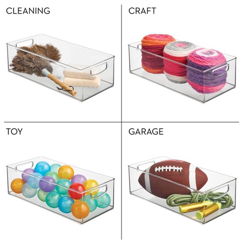 Plastic Stackable Pantry Bin - Organizer Bin with Handles for Cabinets or Fridge - Set of 4 - Clear