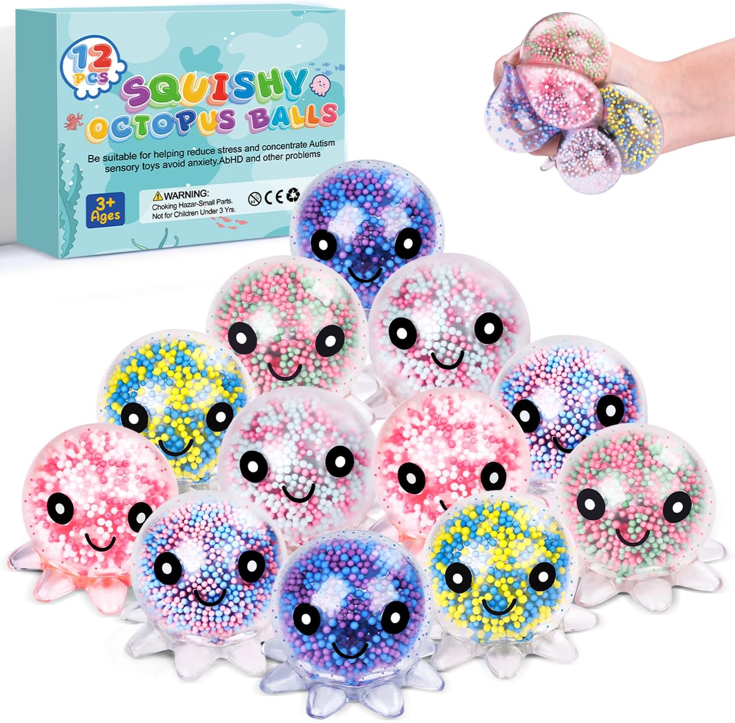 Skiennix Fidget Stress Balls - 12 Pack Cute Octopus Design for Adults | Stress Relief & Party Favors