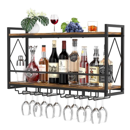 Nidouillet Wall Mounted Wine Rack with LED Light, 31.5" Bar Liquor Shelves with Glass Holder, Metal Hanging Bar Shelves Wine Storage Rack Display for Kitchen Home Bar Dining Room Living Room