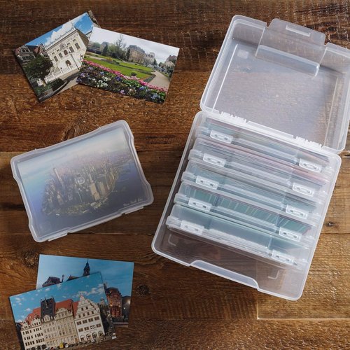 IRIS USA Photo Organizers - 5" x 7" Storage Box with Handle & 6 Inner Cases for Easy Organization - Clear