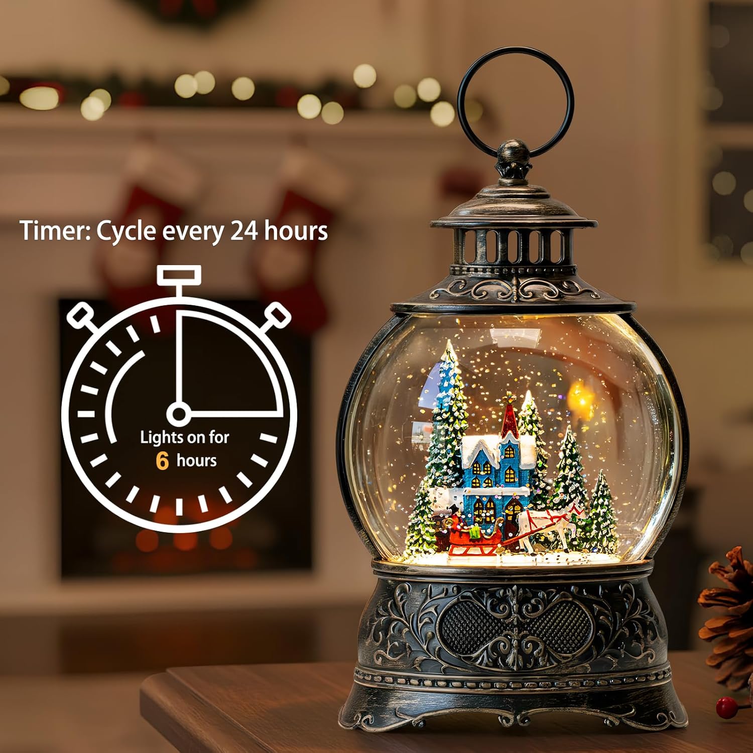 Regine Switzerland Christmas Snow Globe - Musical Water Lantern with Carriage & Blue Church | 6-Hour Timer, USB/Battery Operated