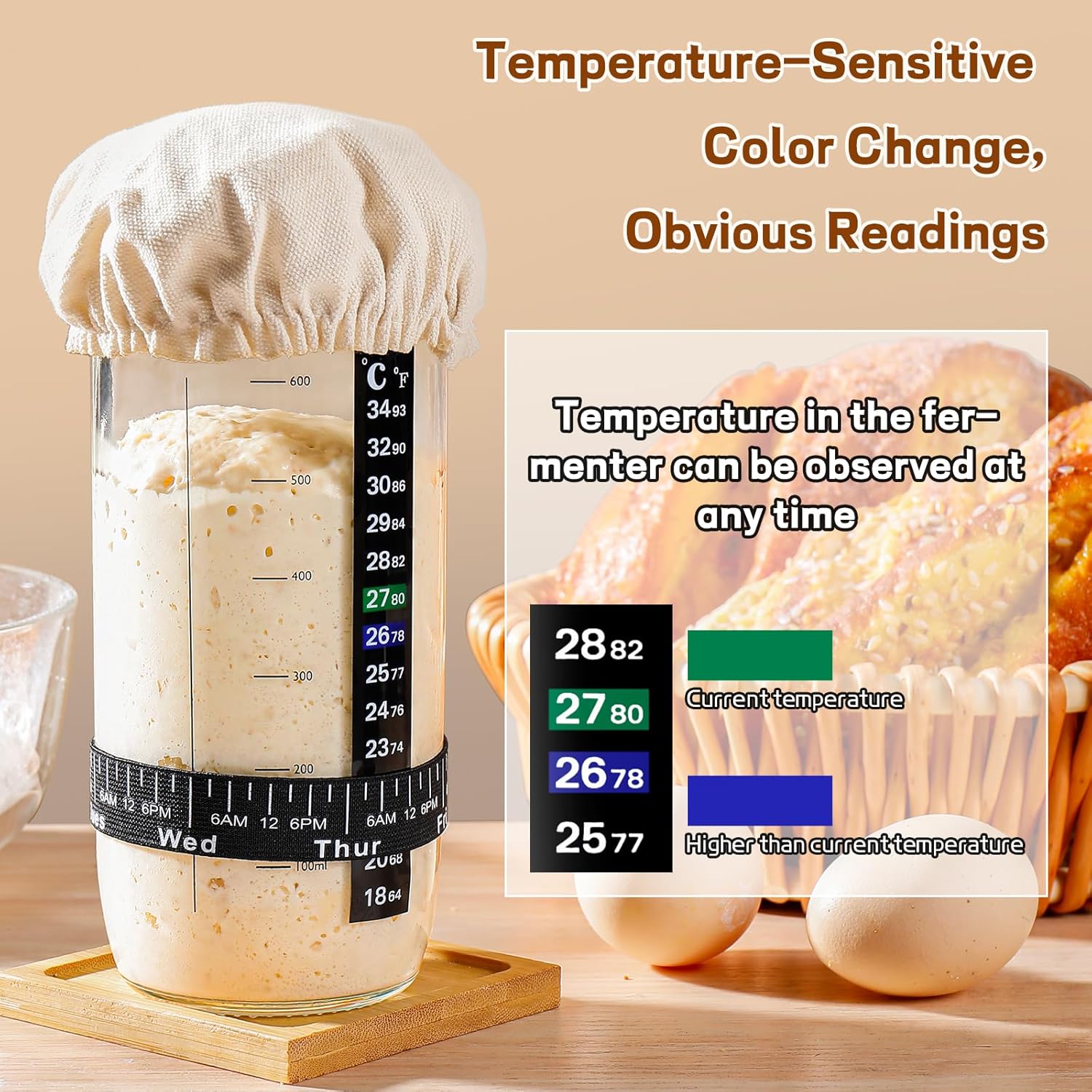 Skiennix Sourdough Starter Kit - 24 oz Glass Jar with Date Marked Feeding Band & Thermometer