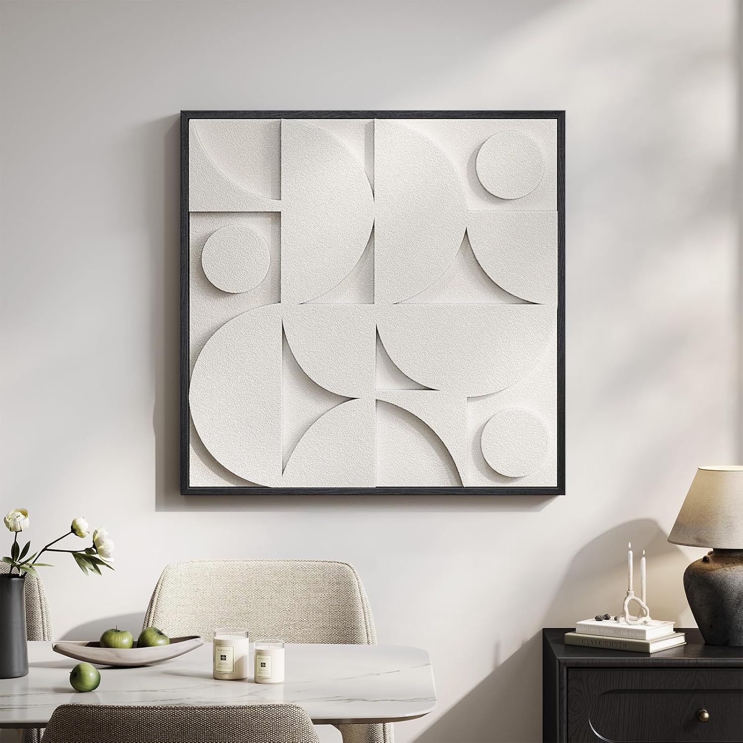 Regine Switzerland Large 3D Textured Framed White Abstract Wall Art - Modern Geometric Design 30x30 In