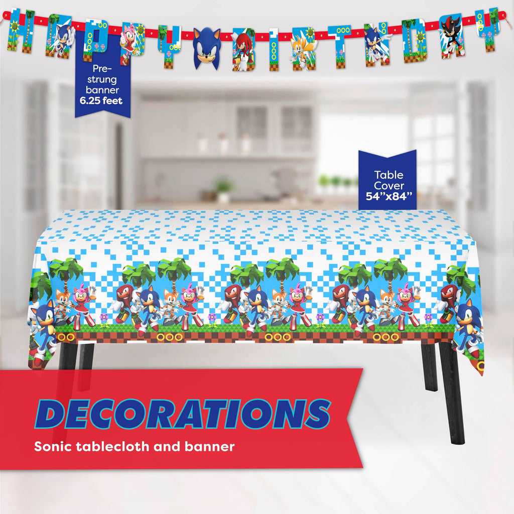 Sonic Birthday Party Decorations | Serves 16 Guests | Masks, Tattoos, Banner, Tablecloth, Plates, Napkins, Sticker | Officially Licensed