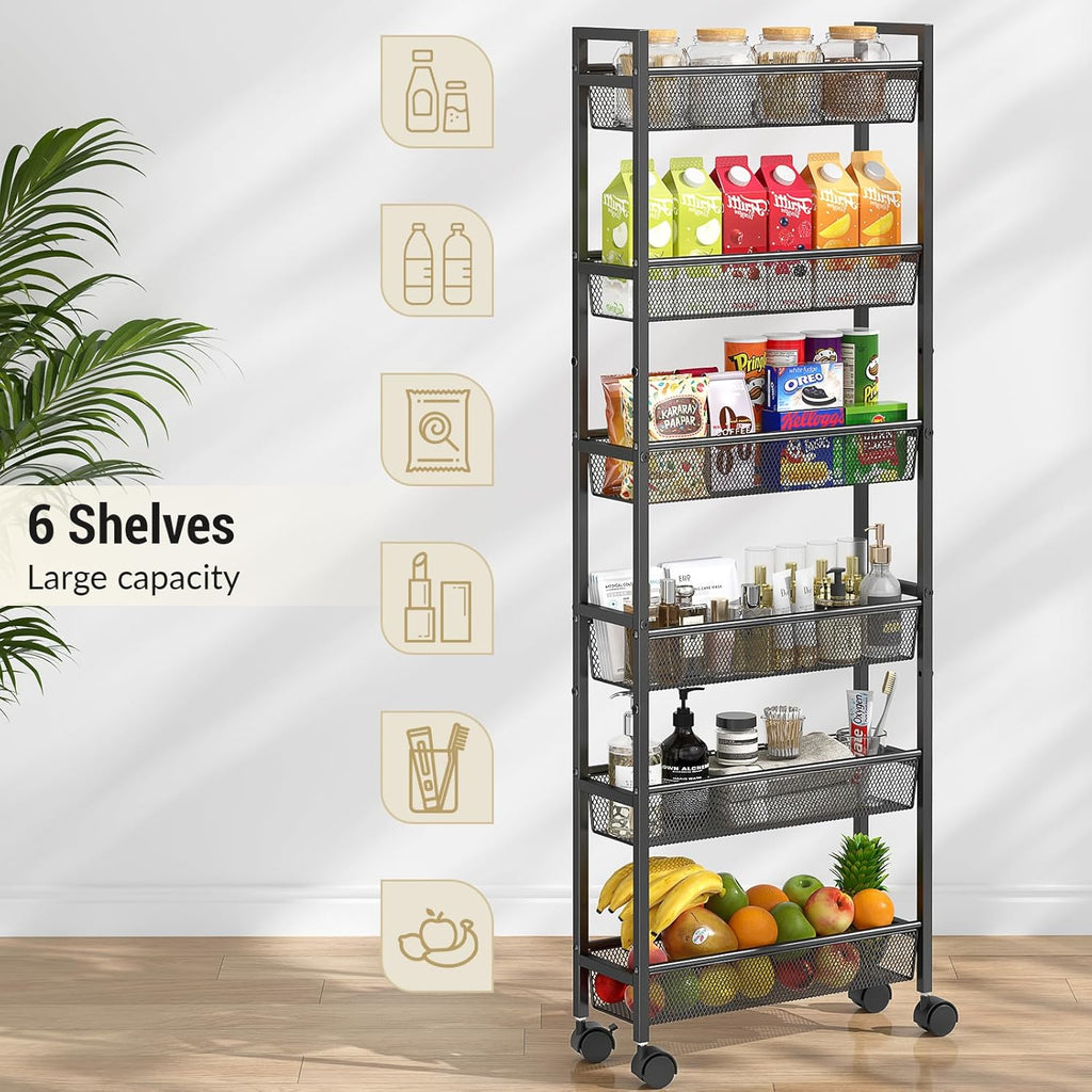 ThreeHio 6-Tier Slim Storage Cart - Mobile Metal Shelving Unit for Kitchen & Bathroom - Black, 6in Width