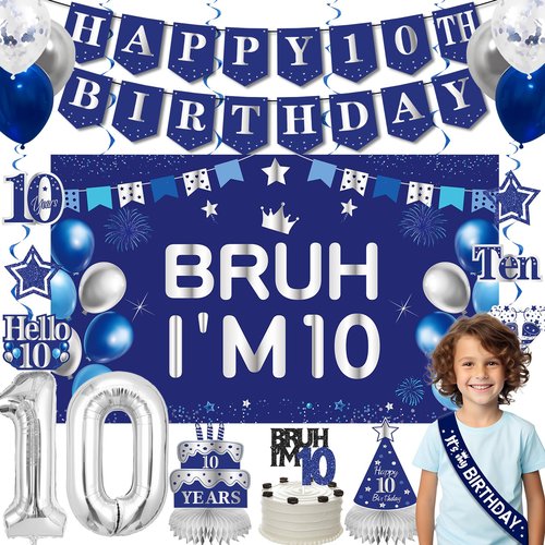 10th Birthday Decorations for Boys Girls Men, Blue Sliver Bruh I'm 10 Backdrop Happy 10th Birthday Banner Table Honeycomb Centerpieces Cake Topper Balloons Hanging Swirls Party Supplies