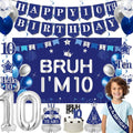 10th Birthday Decorations for Boys Girls Men, Blue Sliver Bruh I'm 10 Backdrop Happy 10th Birthday Banner Table Honeycomb Centerpieces Cake Topper Balloons Hanging Swirls Party Supplies