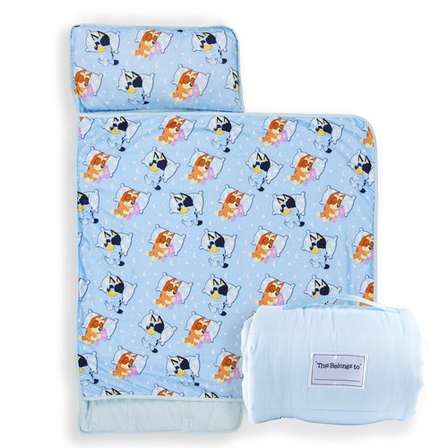 Jay Franco Kids Nap Mat with Embedded Pillow & Blanket – Soft 46"x20" Microfiber Sleeping Bag with Name Tag & Handle for School, Travel, Sleepover, Blue - Bluey
