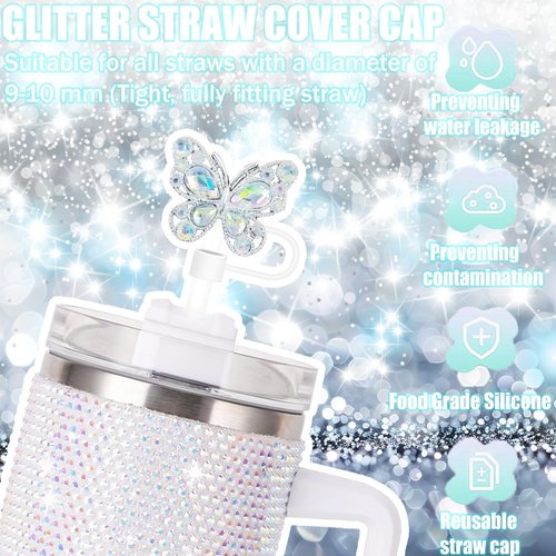 6Pcs Shiny Straw Toppers, Colorful Diamond Butterfly Straw Covers Cap Compatible with Stanley Cups 30&40 Oz Tumbler with Handle, 10mm/4inches Reusable Silicone Bling Stanley Cup Accessories