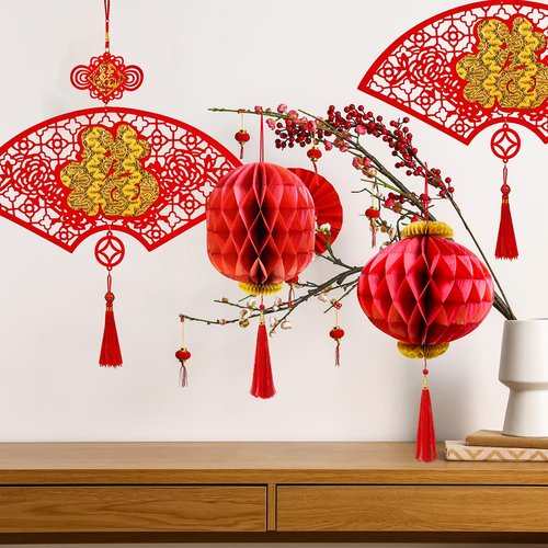 Winlyn Chinese Lunar New Year Party Decorations Good Luck Garlands Red Paper Lanterns with Tassels Lucky Fu Ornaments for Asian Vietnamese Chinese TET 2026 Year of the Horse Home Wedding Holiday Decor
