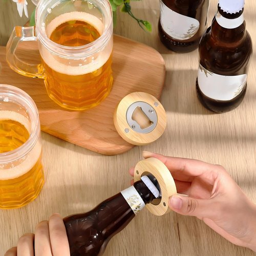 Vesici 100 Pcs Magnetic Bottle Opener 2.5in DIY Bamboo Round Shape Beer Openers Wooden Fridge Magnet Refrigerator Sticker Gift for Beer Lover Wedding Guest Kitchens Bars Parties