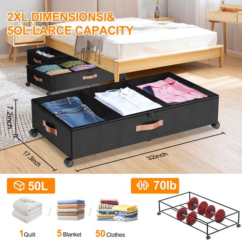 Under Bed Storage with Wheels, 2 Pack Under Bed Storage Containers with Dividers & Clear Lids, Under the bed storage Organizer Bins,Underbed Storage with Wheels for Clothes,Toys,Shoes (Black, 2 Pack)