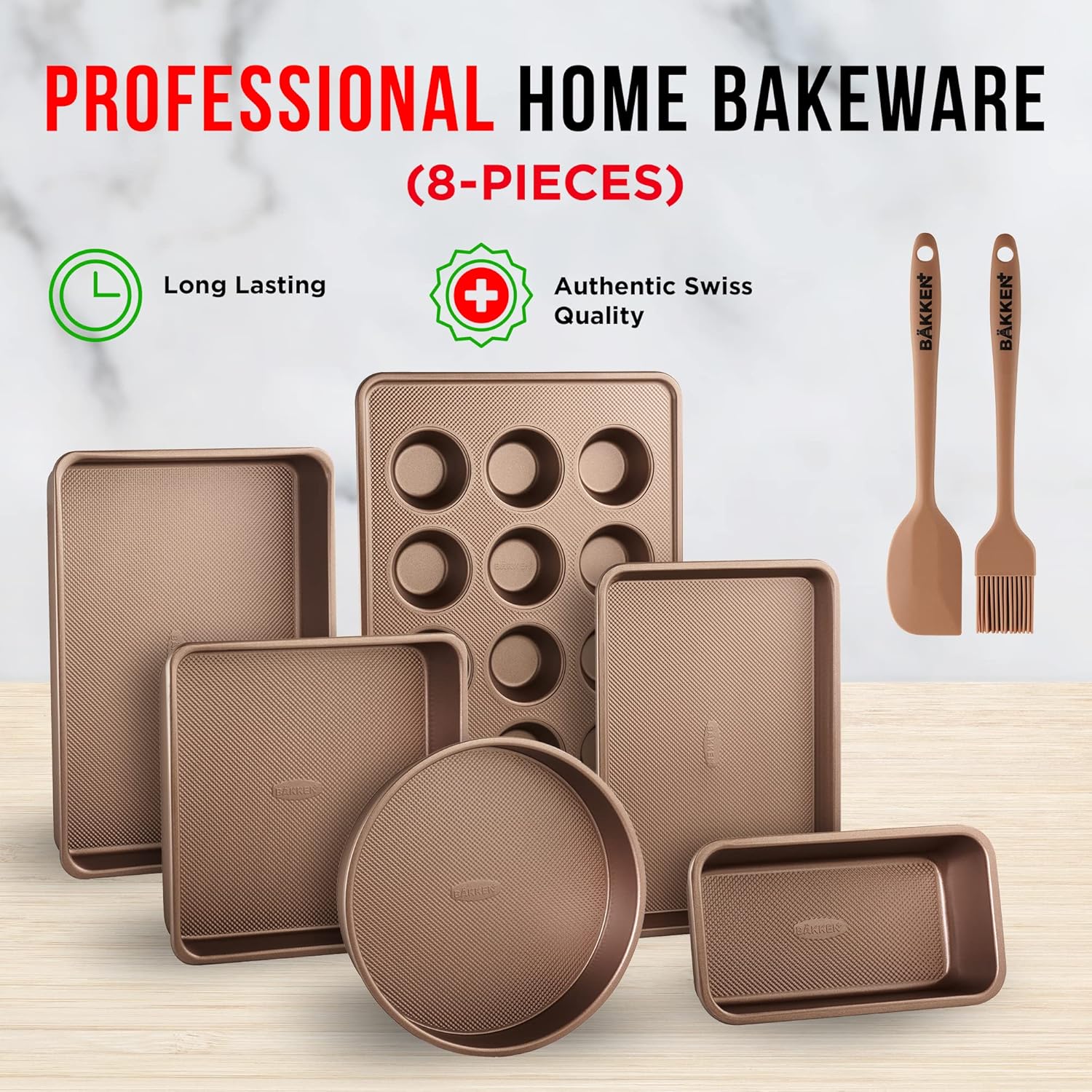 Regine Switzerland Bakeware Set - 8-Piece Non-Stick Professional Baking Pans - Gold Muffin & Loaf Pan