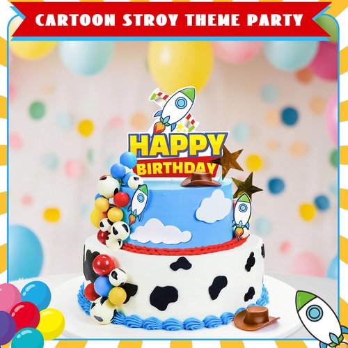 57Pcs Cartoon Story Birthday Cake Toppers Infinity and Beyond Blue Sky White Cloud Cow Print Cake Topper Toy Theme Party Decoration