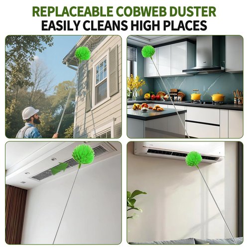 Cobweb Duster with Extension Pole, Washable Cleaning Duster Set with 2 Duster Heads, Corner Brush, 15-110-Inch Telescoping Pole for high Ceiling Fans, Long Duster for high Ceilings，Spider Web Brush