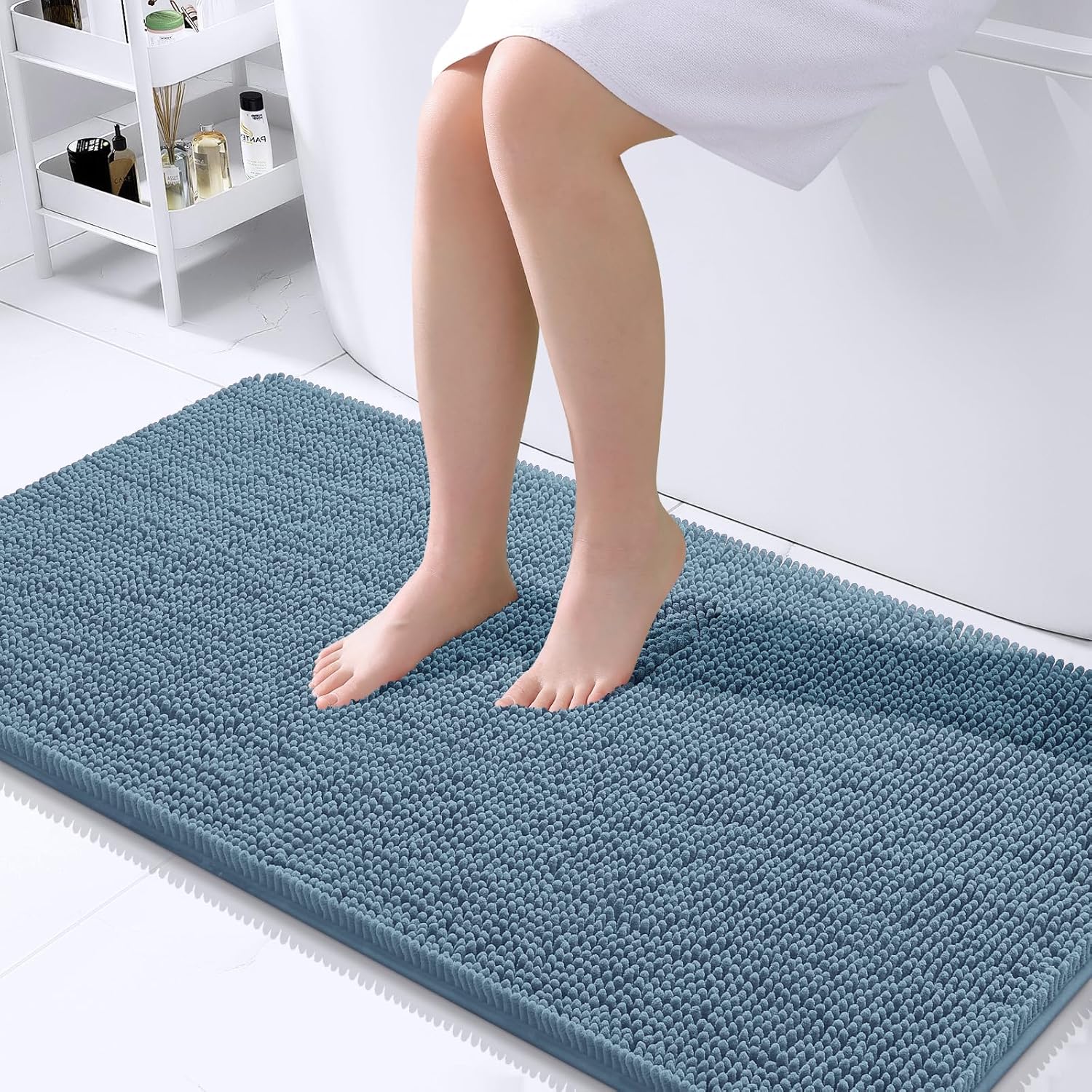 OLANLY Bathroom Runner Rugs - Soft Absorbent Chenille with Rubber Backing | Quick-Dry 44x24 Airy Blue Mats