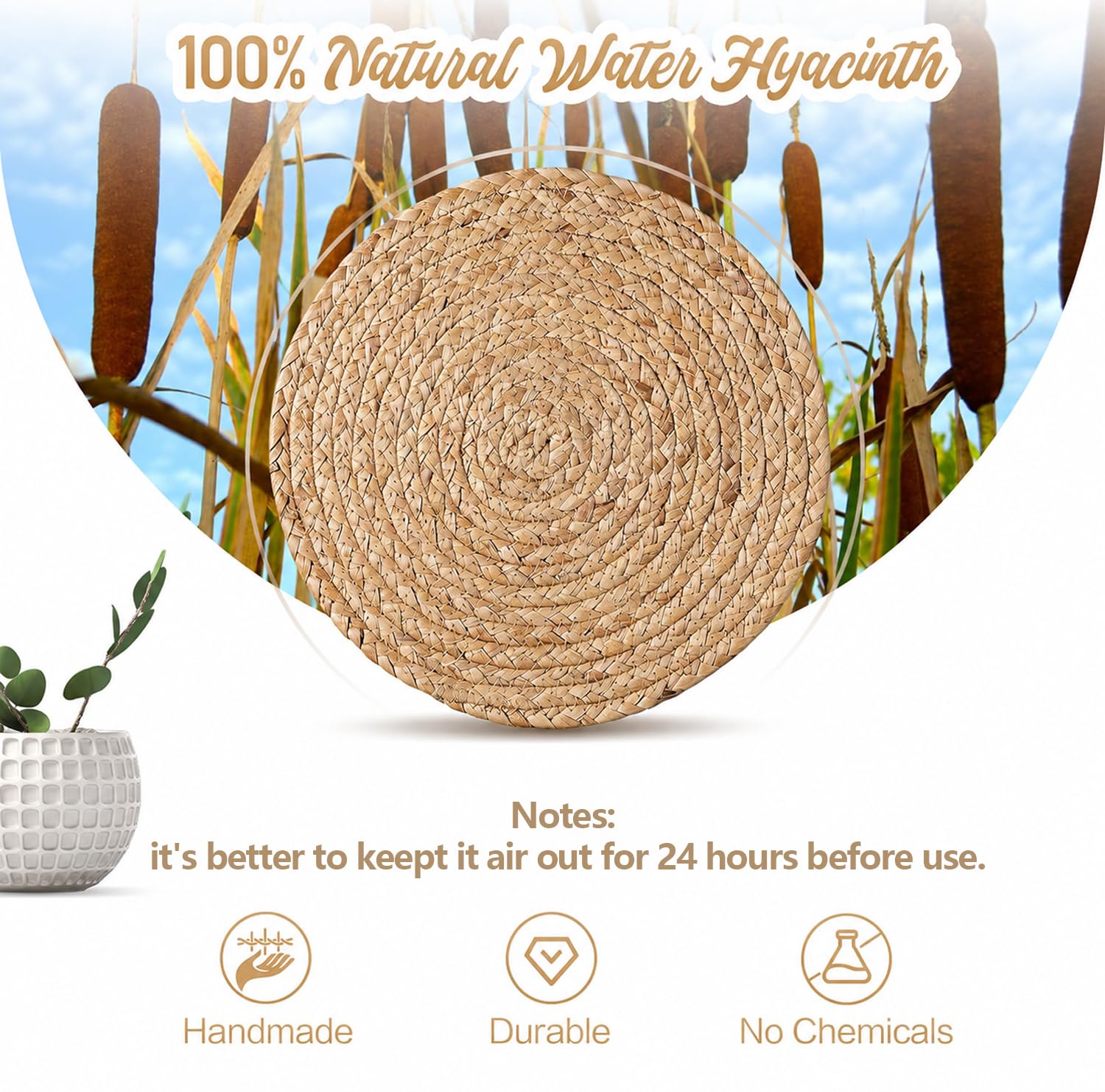 Aofmee 12 inch Round Woven Placemats Set of 6, Boho Rattan Place Mats, Natural Water Hyacinth Table Placemats, Farmhouse Weave Table Mats, Rustic Braided Wicker Charger Plates for Dining Table Decor