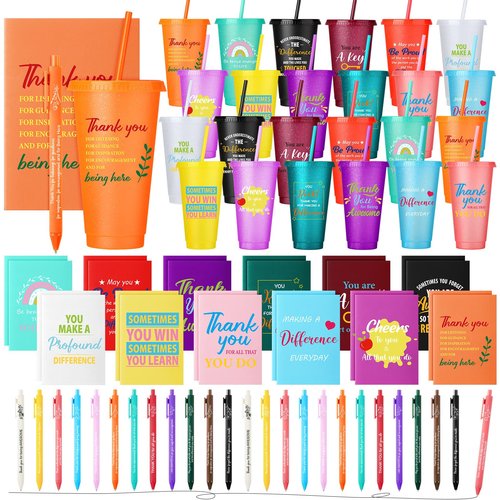 Feifeiya 72 Pcs/ 24 Set Thank You Gifts Bulk 24 oz Employee Staff Dispatcher Appreciation Tumbler with Lids and Straws Motivational Pens Inspirational Notepads Plastic Cup Gift (awesome, Colorful 2)