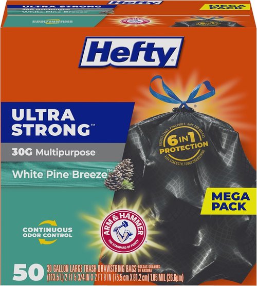 Hefty Ultra Strong 30 Gallon Trash Bags - Break Resistant Drawstring Closure | 50 Bags, Black with White Pine Breeze Scent