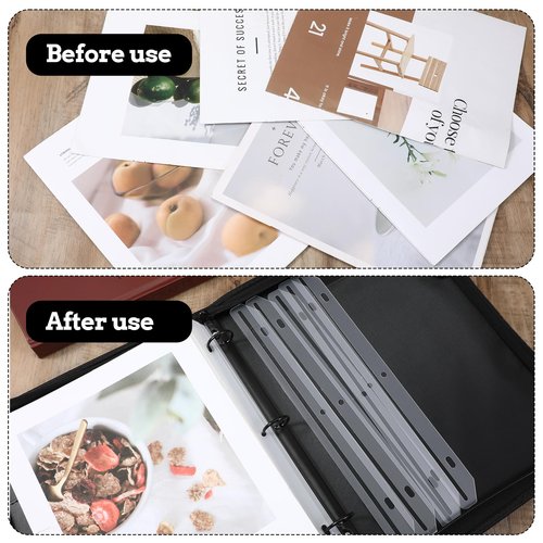 Bruislard 24Pcs 3 Hole Magazine Binder Inserts Holder, 3 Ring Binder Strips Punched Magazine Organizer Sheet Music Folder for Paper File Book(Translucent White)
