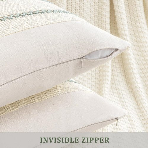 Laolitou Set of 2 Boho Throw Pillow Covers 18×18, Rustic Farmhouse Cotton Linen Soft Sage Green Decorative Pillow Cover for Living Room Sofa Bedroom Couch Cushions Home Decor