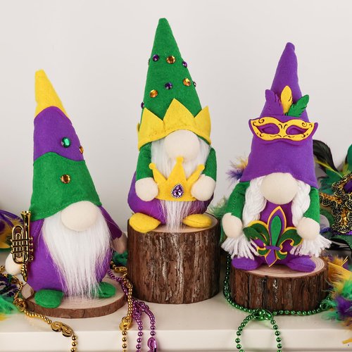 Aymolas Mardi Gras Gnomes Decorations - 3 Pack Gnomes Plush Handmade Scandinavian Tomte Gnome Decor for New Orleans Party Mantel Tiered Tray Table Decor Home Office Decorations