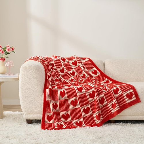 Snuggle Sac Red Heart Checkered Blanket for Women,Valentines Day Heart Blankets for Her Wife Girlfriend Mom,Super Soft Warm Fluffy Faux Fur Blanket for Couch Sofa Bed,Red Heart,50x60 inches