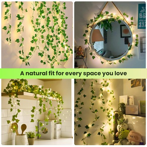 Pellimo Vine Leaf with Fairy Lights, 23FT 73 LED Lighted Ivy Spring Garland Lights, Battery or USB Powered for Dorm Room, Bedroom & Creative Wall Decor, Warm White