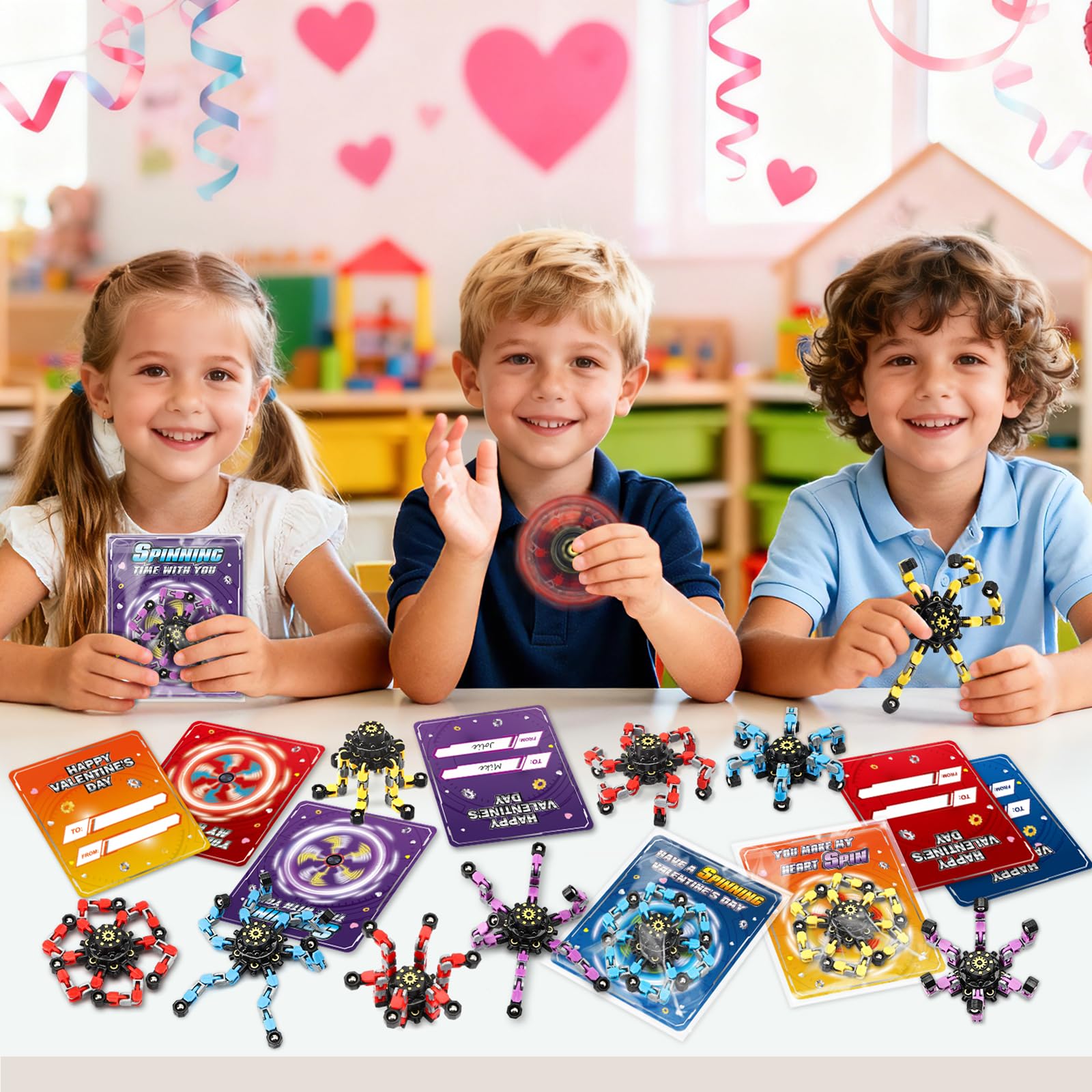 Valentines Day Cards for Kids School, 24 Pack Valentines Cards with Spinner Fidget Toys, Deformable DIY Robot Finger Toy Gifts for Kids Classroom Exchange, Valentines Party Favors Prizes for Kid
