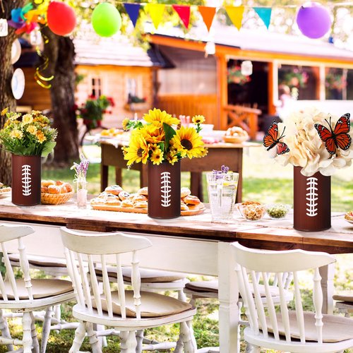 Domensi 3 Pcs Football Table Centerpiece Football Vases Decor Galvanized Metal Vases for Artificial Flowers Rugby Funny Pen Holder Utensil Holder Jars for Kitchen Home Rugby Party Decorations Gifts