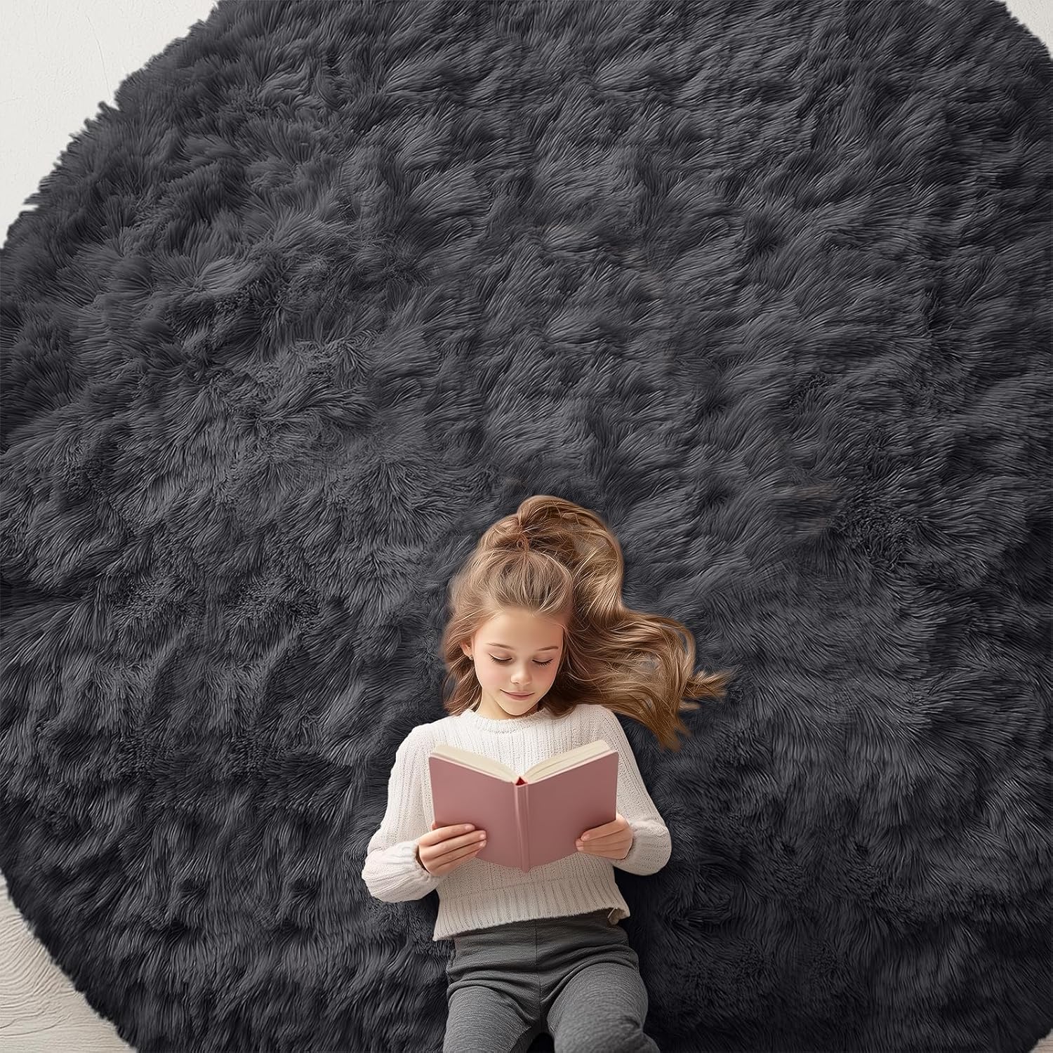 OLANLY Black Round Area Rug - Soft & Fluffy 9 ft Machine Washable Carpet for Bedroom & Living Room Decor