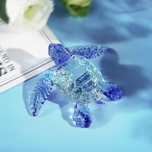 HDCRYSTALGIFTS Handmade Crystal Sea Turtle Figurine - Art Glass Ocean Sculpture for Home Decor (5 Inch, Blue)