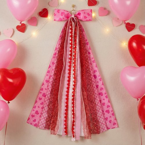 NUVCELKA Valentine's Day Wreath Sash for Door, Large Bow Decoration with Metal Clip, 9 Ribbon Swag for Wreath, Front Entry, Fireplace, Fence - Pink Red Love Heart Bow Valentine Decor