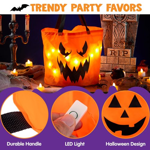 JOYIN 3 PCS Halloween Candy Pumpkin Buckets, 10.2 x 11.8 LED Light Trick or Treat Buckets, Orange Reusable Goody Treat Baskets for Kids Polyester Bags, Halloween Birthday Party Favor Supplies