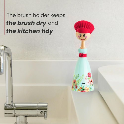 Vigar Dolls Dish Brush with Ergonomic Handle and Dres-shaped Storage Holder - Scrub Brush for Pans, Pots, Kitchen Sink Cleaning, Blue/Pink