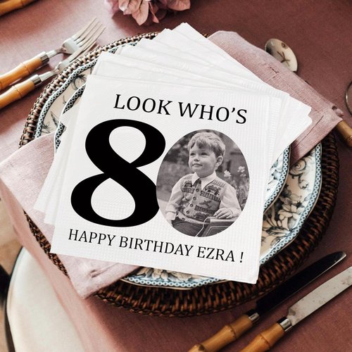 Custom Photo Napkins | Personalized 80th Birthday Napkins - Look Who's 80 Design for Party Decor