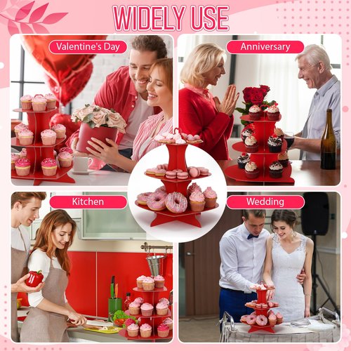 Willinglong 2 Pcs Valentine's Day Cupcake Stand 3 Tier Heart Red Cupcake Stand Cardboard Cupcakes Stands Tower Dessert Cup Tower Display Decoration for Birthday Wedding Baby Shower Party Supplies
