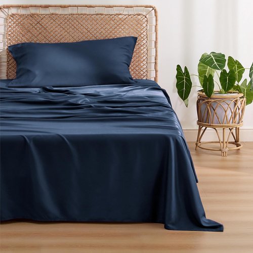 Bedsure Cooling Twin Sheets - Breathable Rayon from Bamboo, Soft & Silky, Deep Pocket Up to 16 Inches, Navy
