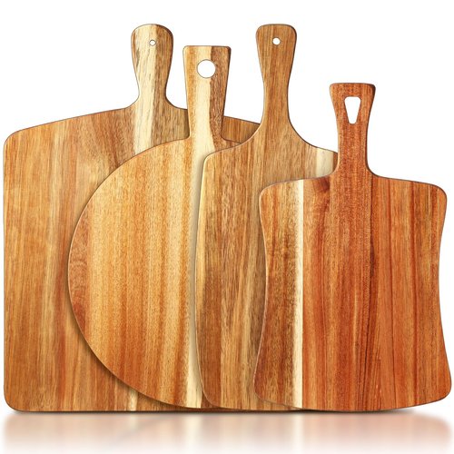 SiliFine Set of 4 Thick Acacia Wood Cutting Boards with Handles, Assorted Sizes Large Charcuterie Boards, Butcher Block Serving Tray for Cheese, Meat, Pizza, Vegetables, Bread(Large)