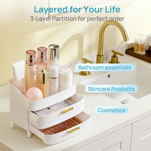 Vtopmart 3-Tier Skincare Makeup Organizer with Drawers for Vanity and Bathroom Countertop, Large Cosmetic Storage Box Case for Dresser, with Non-Slip Base