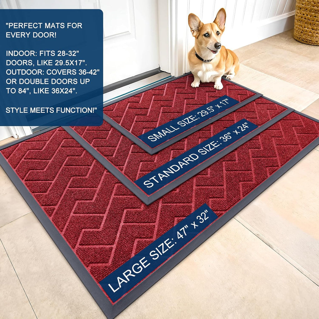 OLANLY Waterproof Front Door Mat - All-Season Herringbone Doormat | Easy Clean, Low Profile, Wine Red (47x32)