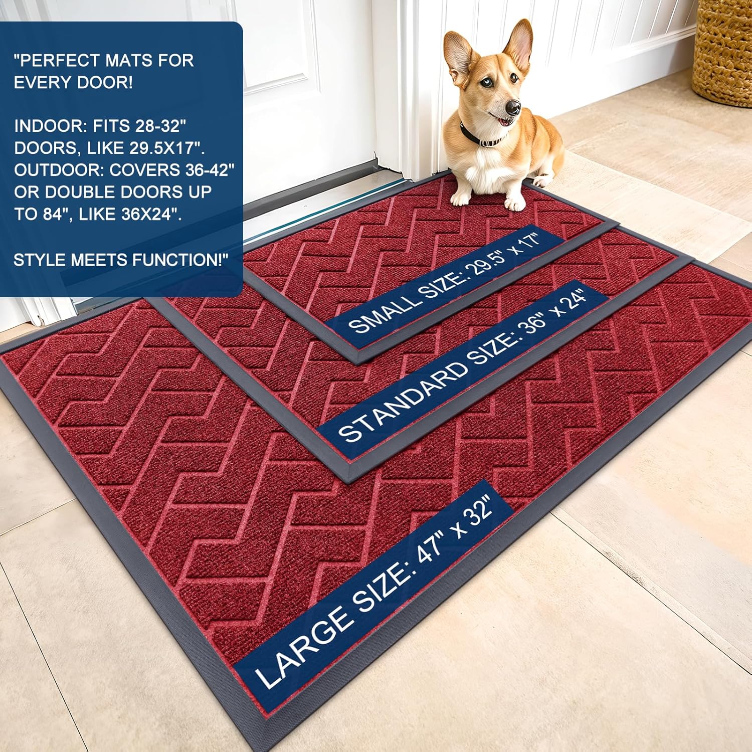 OLANLY Waterproof Front Door Mat - All-Season Herringbone Design | Easy Clean, Low Profile, Wine Red (59x35)