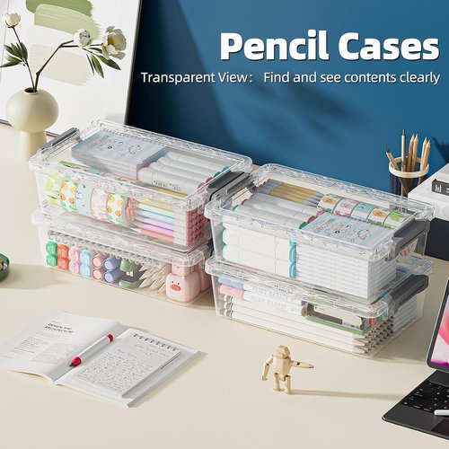 BiuLeon Extra Large Pencil Box - Clear Plastic Organizer for Crafts & Art Supplies | 4 Pack, Grey