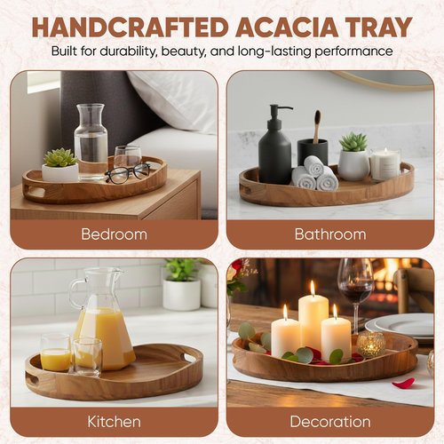Serving Tray with Handles, Acacia Wood Oval Tray 17.3x12.9x1.9 Inch Large Wooden Coffee Table Ottoman Tray Breakfast in Bed Tray Decorative Rustic Farmhouse Home Décor Tray for Drinks Snacks & Candles