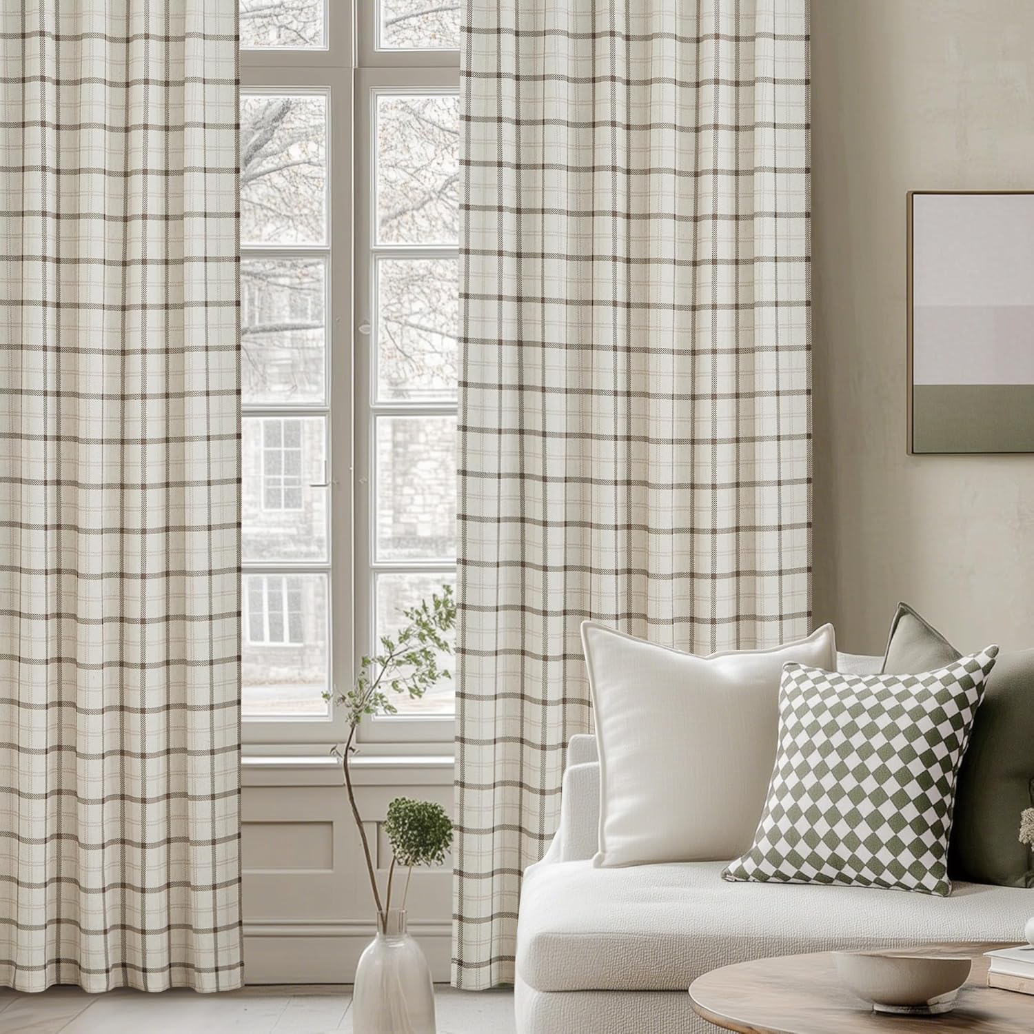 NICETOWN Plaid Window Curtain - 84-Inch Linen Sheer Drapes for Living Room & Bedroom | 52" x 84", White, 1 Pair