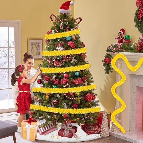 25 Feet Christmas Tinsel Garland, Metallic Twist Garland Wall Hanging Tinsel Garland Backdrop for Parade Floats, Carnival, Birthday, Wedding, New Year Party Decorations (Macaron Yellow, 4in x 25ft)