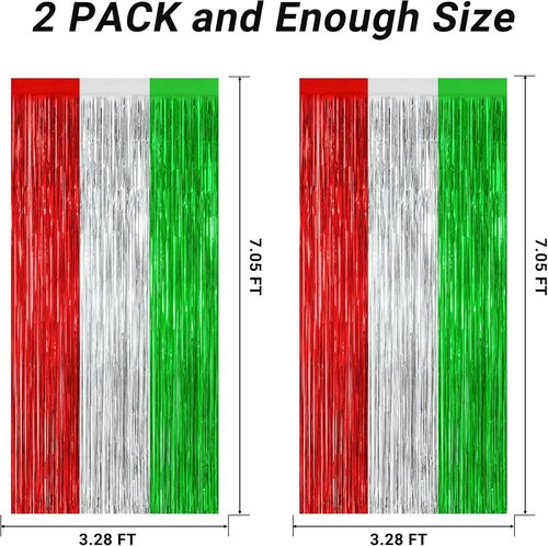 2 Pack Metallic Christmas Backdrop | Red, Silver & Green Streamer Curtains - 3.28 FT x 7.05 FT